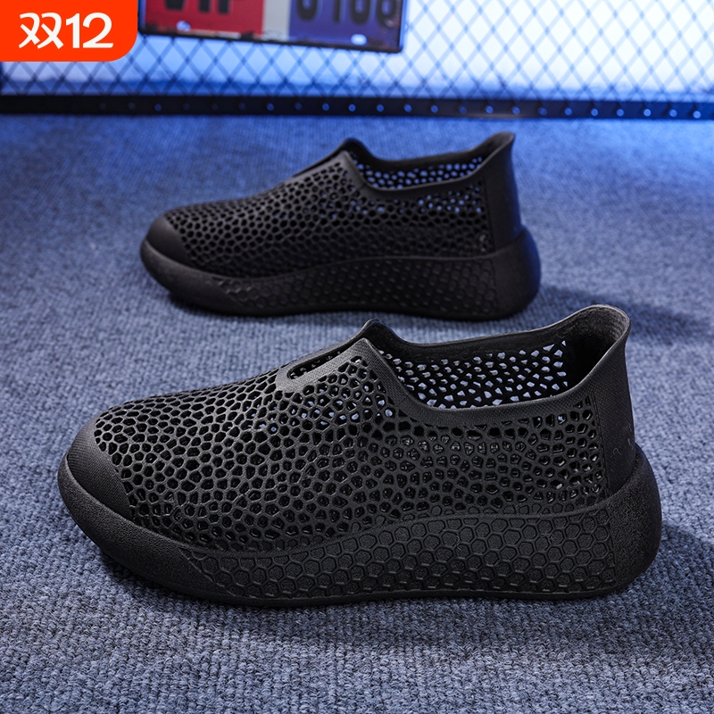 男士夏季新款运动休闲鞋3D打印男鞋镂空透气软底舒适户外洞洞鞋男