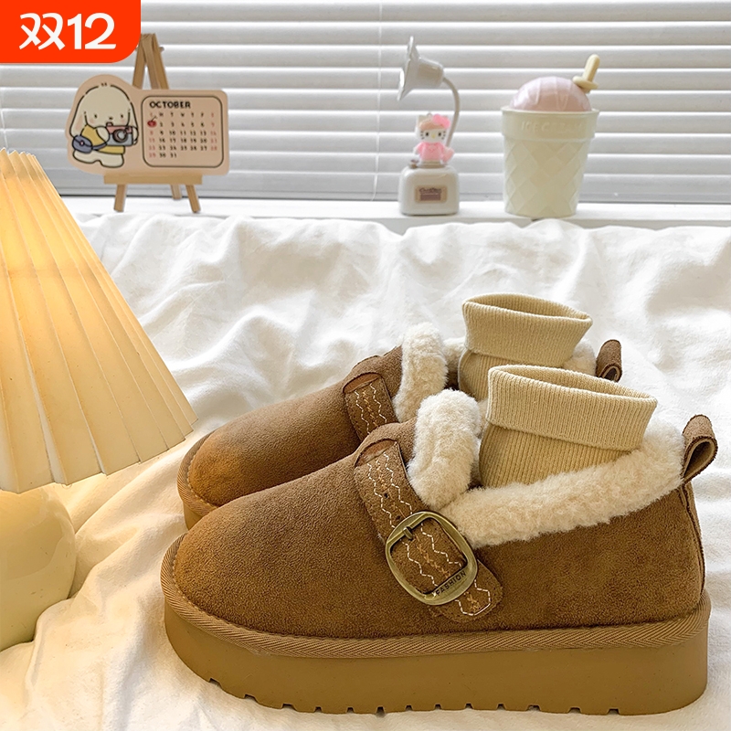 复古加绒勃肯鞋女豆豆棉鞋2025秋冬新款百搭厚底一脚蹬博肯雪地靴
