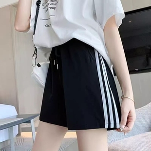 女童夏季三条杠休闲运动短裤子2025新款中大童五分短裤12黑色白色