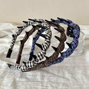 复古格子布艺齿梳发箍女2025新款 气质简约高颅顶压发卡学院风头箍
