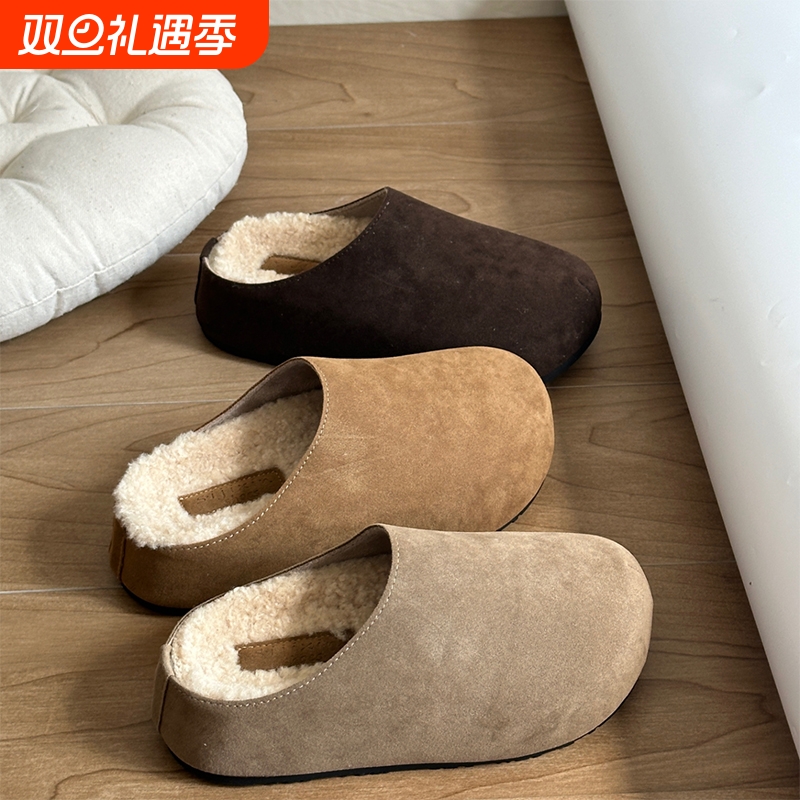 复古厚底增高勃肯鞋女外穿加绒保暖内增高休闲森系毛毛包头半拖鞋