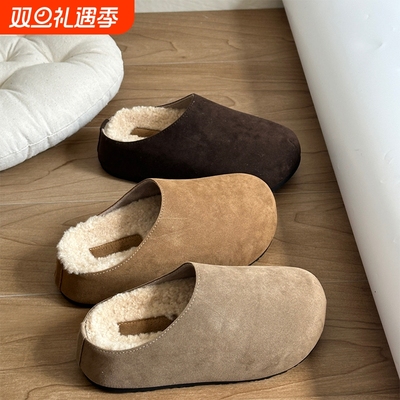 复古厚底增高勃肯鞋女外穿加绒保暖内增高休闲森系毛毛包头半拖鞋
