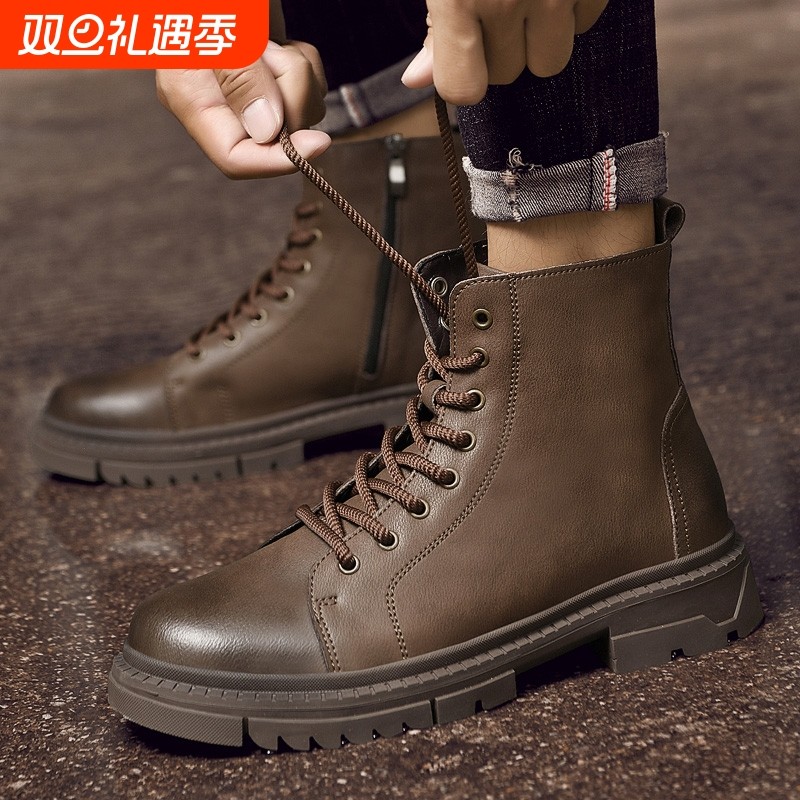 马丁靴男款真皮英伦风皮靴中帮冬季加绒拉链机车工装短靴潮棉鞋