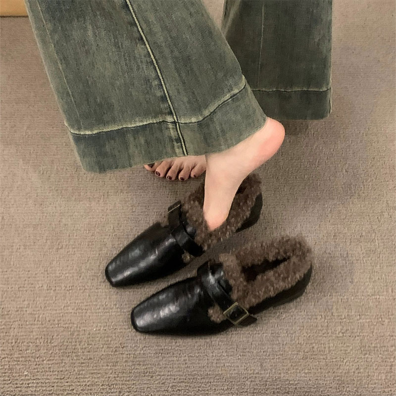 粗跟复古乐福单鞋女鞋子2025新款秋冬季加绒毛毛鞋玛丽珍保暖棉鞋