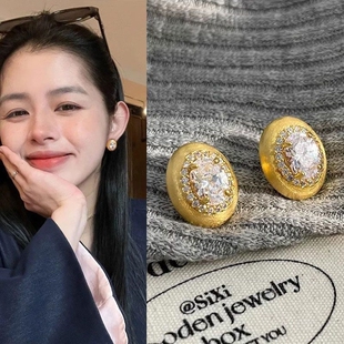 超精致_中古拉丝金色锆石耳环女耳夹2024新款轻奢气质鸽子蛋耳饰