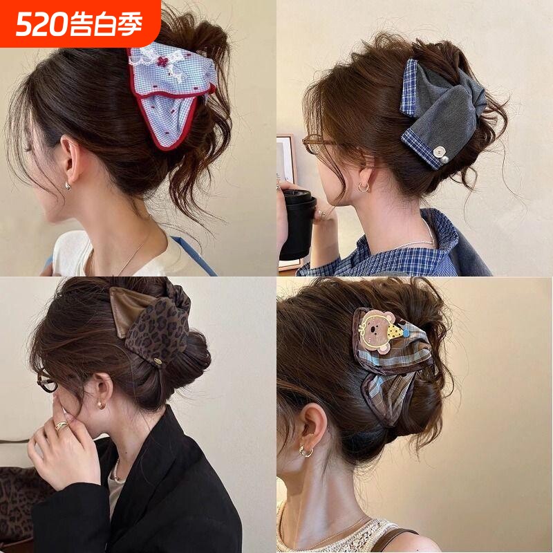 复古皮质豹纹卡通三角抓夹蕾丝格纹新款高级百搭后脑勺鲨鱼夹头饰