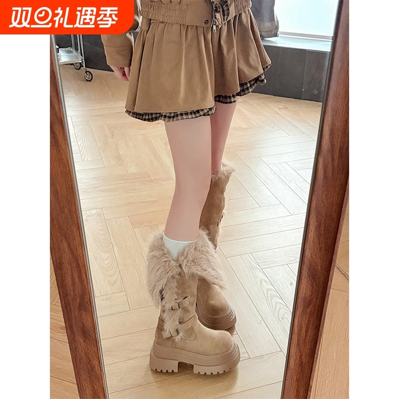 厚底两穿毛毛雪地靴女2025冬季显瘦东北靴子高筒加绒不过膝长筒靴