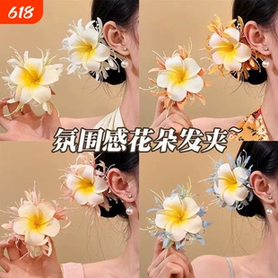 鸡蛋花花朵发夹头花发饰清冷感浅蓝色真刘海夹新品显脸小侧边夹