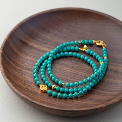 正宗小绿松石三圈多宝手链4mm珠径原矿高瓷绿松手串颜色干净