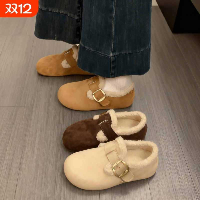 3CM内增高勃肯鞋女2025秋冬新款复古雪地一脚蹬加绒毛毛鞋棉鞋子
