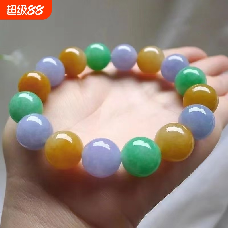 B圆珠三彩手链福禄寿翡翠色多色自然色石英岩玉多宝仿手串饰品