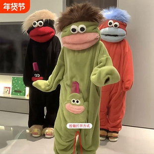 大嘴怪珊瑚绒睡衣女款冬季男加绒加厚可爱搞怪丑鱼睡袍连体家居服