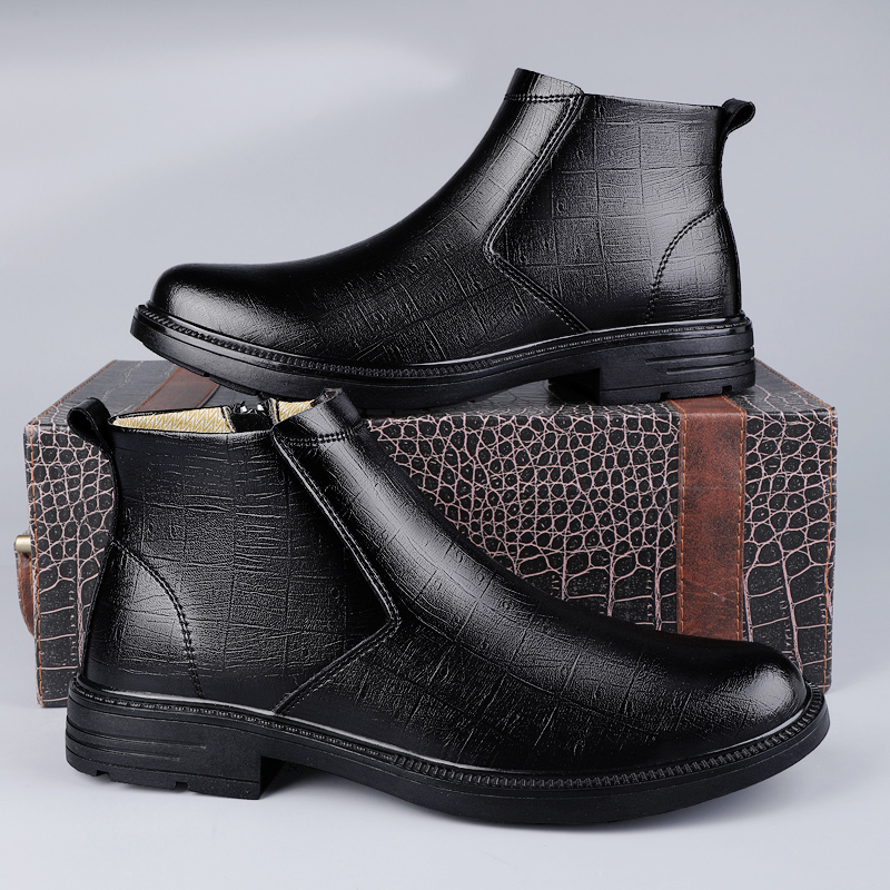 休闲黑色高帮皮鞋冬季加绒马丁靴真皮拉链切尔西靴男士保暖棉鞋