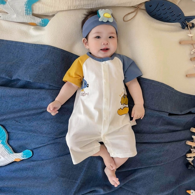 婴儿夏季连体衣夏装新生儿宝宝短袖哈衣纯棉薄款爬服超萌可爱外出