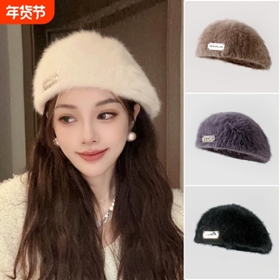 贝雷帽女2025秋冬季新款显脸小反戴前进帽大头围帽子白色灰色冬日