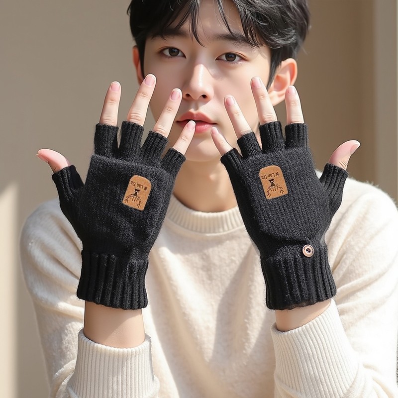 手套男冬天半指情侣学生写字露指秋冬季针织毛线翻盖骑行保暖骑车
