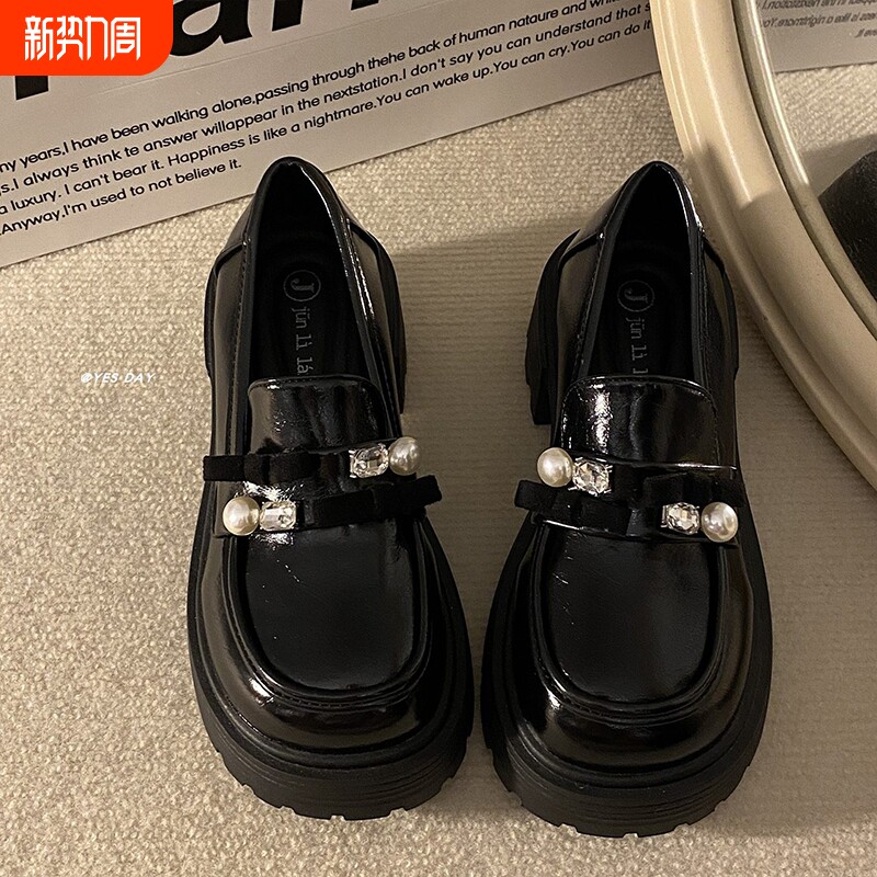 黑色甜美蝴蝶结增高厚底乐福鞋女2026春季新款法式复古圆头小皮鞋