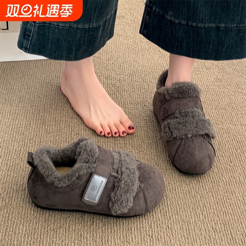 灰色豆豆勃肯鞋女加绒雪地靴2025新款爆款冬季保暖软底毛毛棉鞋子