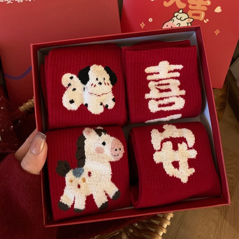 植绒本命年红袜子女秋冬季加厚保暖2026礼盒装好运马年新年礼物袜
