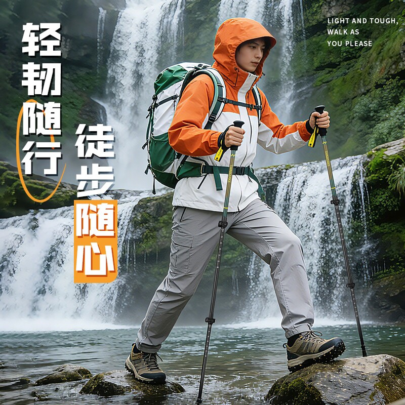哲客高强度轻量三节全碳素超硬登山杖3K碳纤维登山杖超轻伸缩拐杖