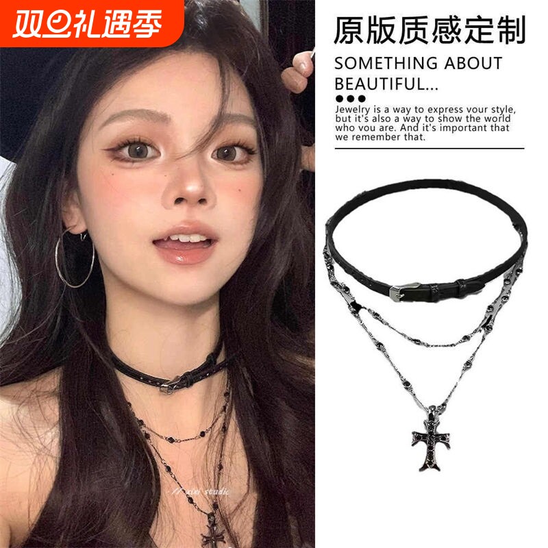 万圣节哥特风复古十字架项链女款长款双层叠戴配饰choker颈链项