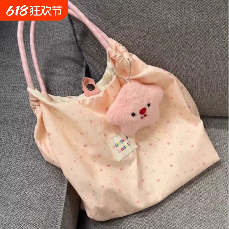 樱花粉！可爱大容量手提托特包包女2025夏季新款碎花帆布购物袋潮