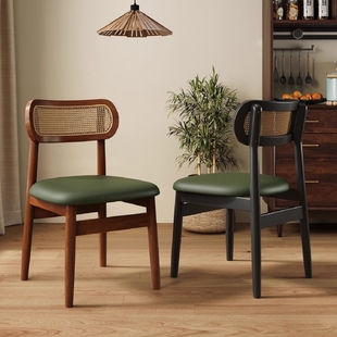 法式复古实木餐椅家用靠背椅子中古风餐厅餐桌椅吧台软包藤编家居