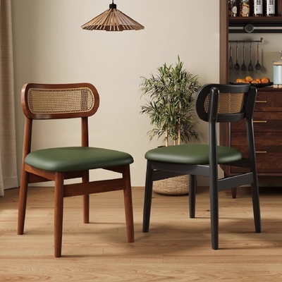 法式复古实木餐椅家用靠背椅子中古风餐厅餐桌椅编藤吧台软包书房