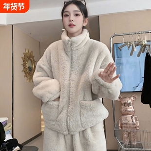 睡衣女士秋冬珊瑚加绒保暖中等厚套装拉链休闲家居服可外情侣高领