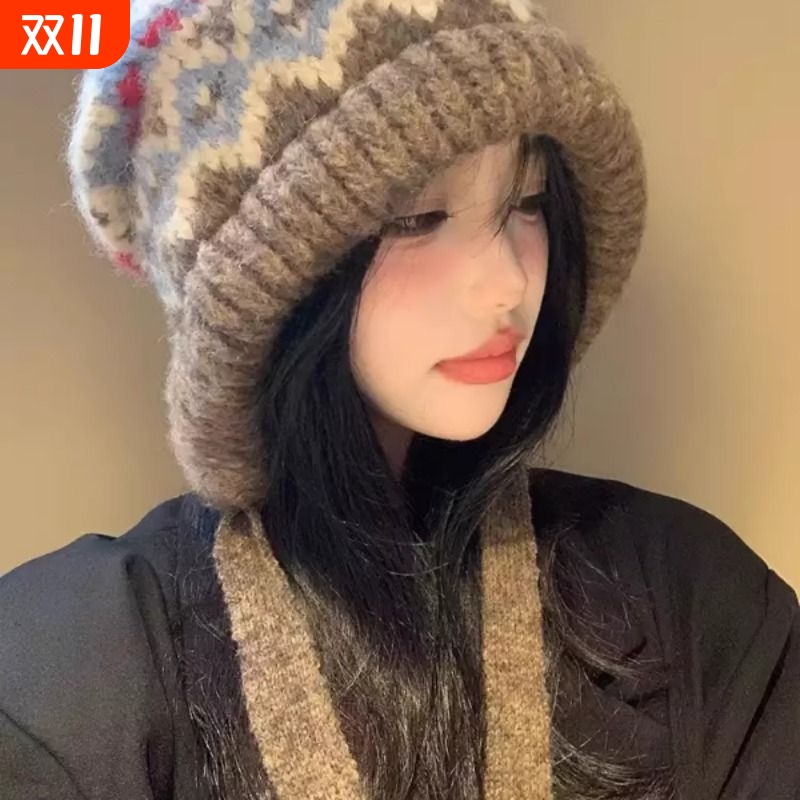 费尔岛风针织帽子女2025年秋冬季巴拉克拉法帽保暖护耳包头毛线帽