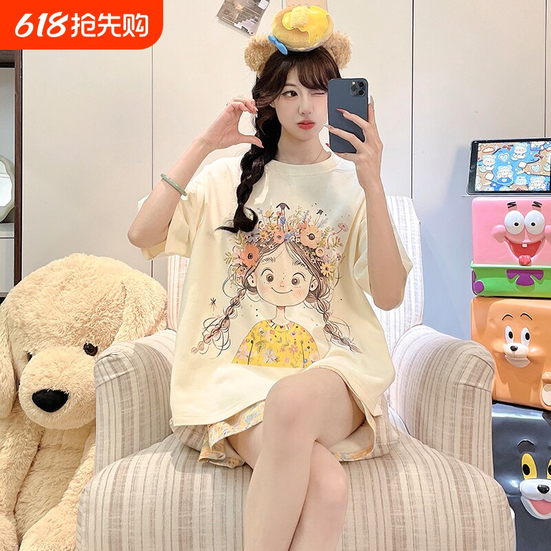 睡衣女士夏季薄款棉绸短袖大码可爱短裤2026新款家居服套装睡眠