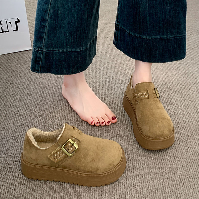 厚底加绒勃肯鞋女2025新款冬季一脚蹬乐福鞋低帮雪地靴保暖棉鞋子