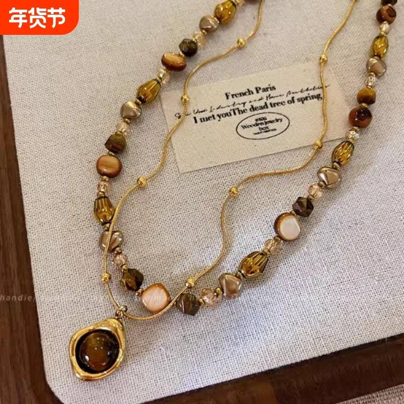 美拉德串珠项链女款2025新款轻奢小众设计感锁骨链颈链叠戴毛衣链