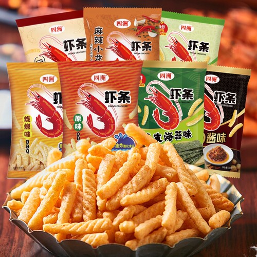 四洲虾条非油炸解馋小零食小吃零食礼包80g6包芥末味海苔好吃怀旧