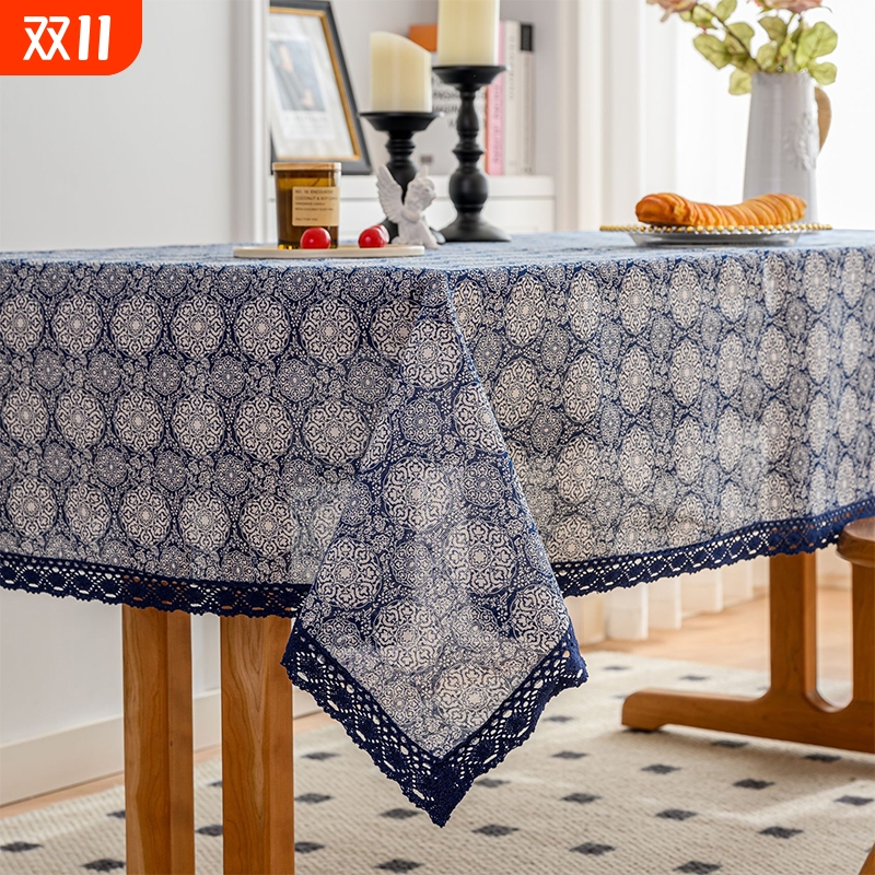 青花瓷复古新中式团圆纹样长方形书桌布餐厅酒店会议圆桌餐垫台布