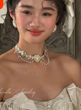 lolita洛丽塔蕾丝项链复古串珠项链宫廷锁骨颈链项圈奢华精致