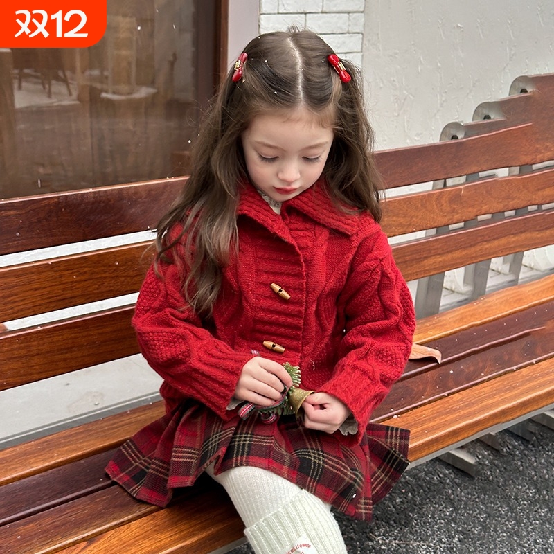女童冬装新年红色毛衣儿童针织开衫年服儿童洋气牛角扣加厚外套潮