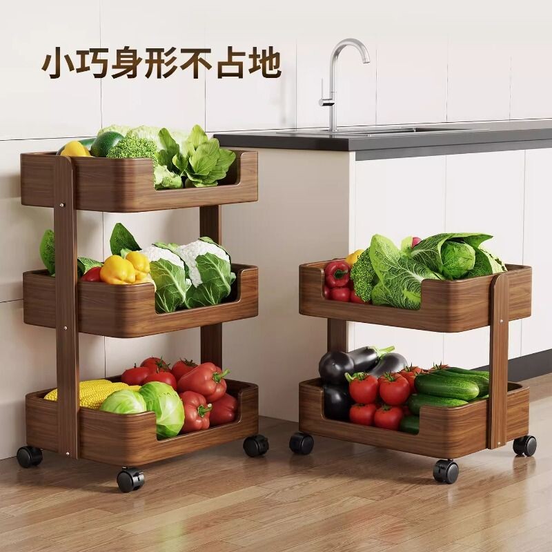 实木厨房置物架家用落地多层零食箱客厅玩具果蔬菜篮可移动储物柜