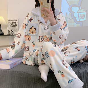 睡衣女冬季 保暖休闲可外穿两件套家居服 珊瑚绒加绒加厚法兰绒大码