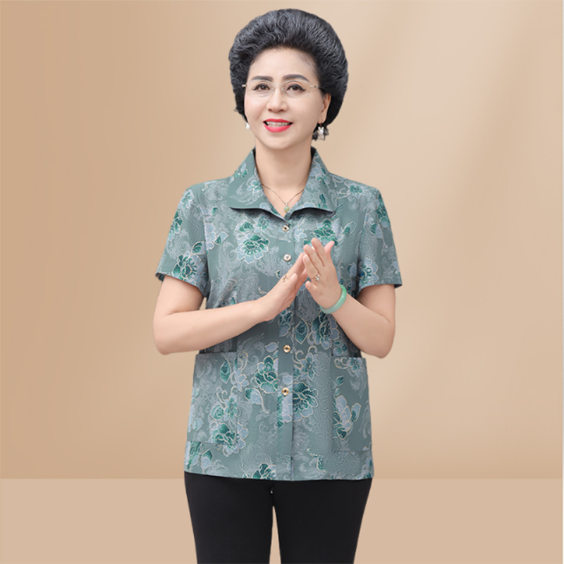 2025新款短袖上衣中老年夏装女衬衫妈妈奶奶夏天套装老人太太衬衣
