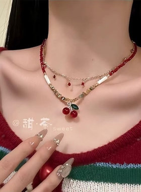 甜意夏日樱桃吊坠项链女小众设计锁骨链精致串珠配饰蝴蝶结水果