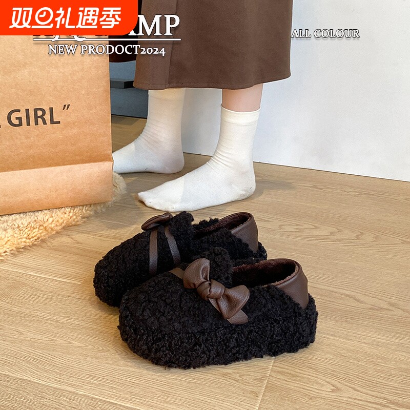 黑色毛毛鞋女冬季加绒厚底一脚蹬乐福女鞋2025新款羊羔毛豆豆棉鞋