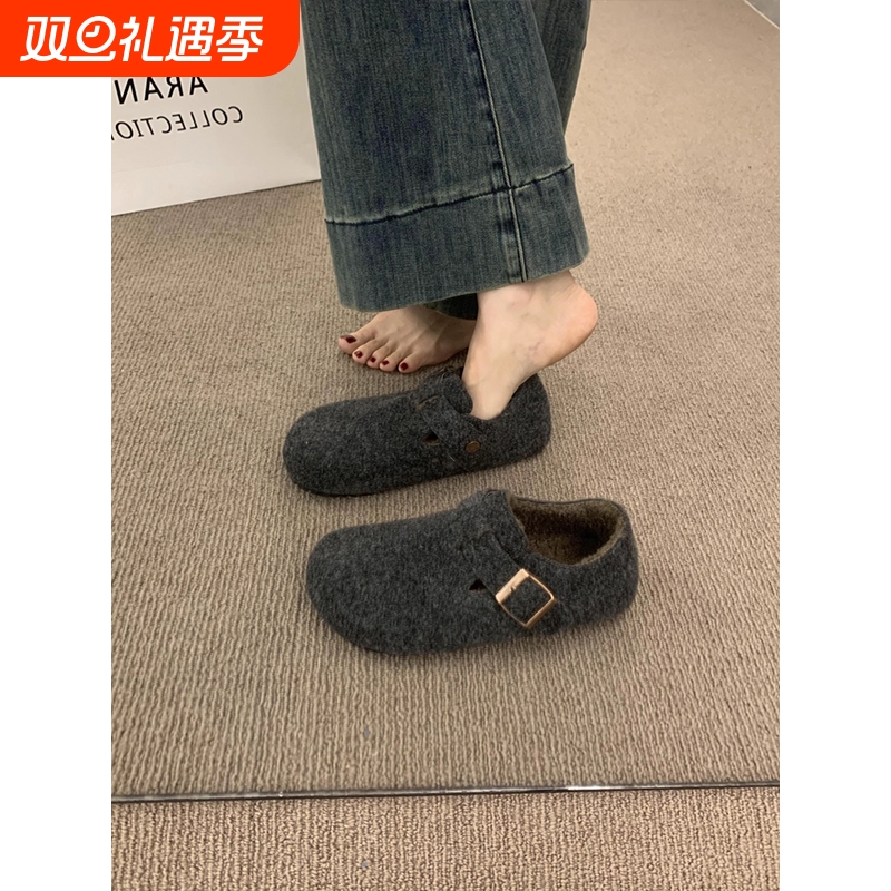 复古毛毡加绒勃肯鞋女2025秋冬新款加绒一脚蹬保暖棉鞋毛呢乐福鞋