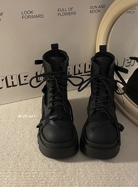 YesDay小众百搭厚底马丁靴女2025秋季新款蝴蝶结短靴高跟粗跟圆头