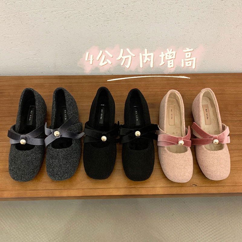 法式温柔小香风玛丽珍鞋冬复古内增高4CM珍珠平底单鞋女方头浅口