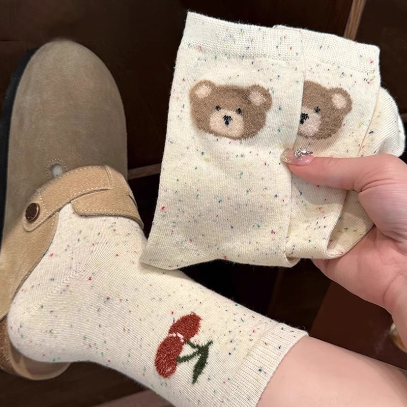 点子纱中筒袜子女可爱春秋款韩系ins潮小熊卡通日系防臭长袜夏天