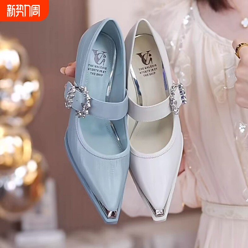 玛丽珍鞋女2026新款春季时尚气质百搭粗跟尖头高跟鞋子蓝色真皮