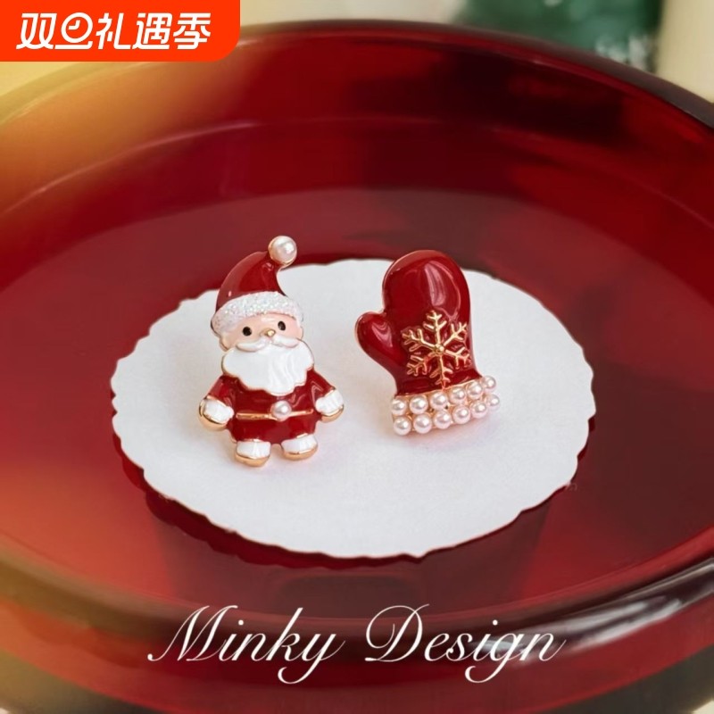 「圣诞手套」可爱圣诞节小红帽老人耳钉高级独特气质卡通秋冬耳饰