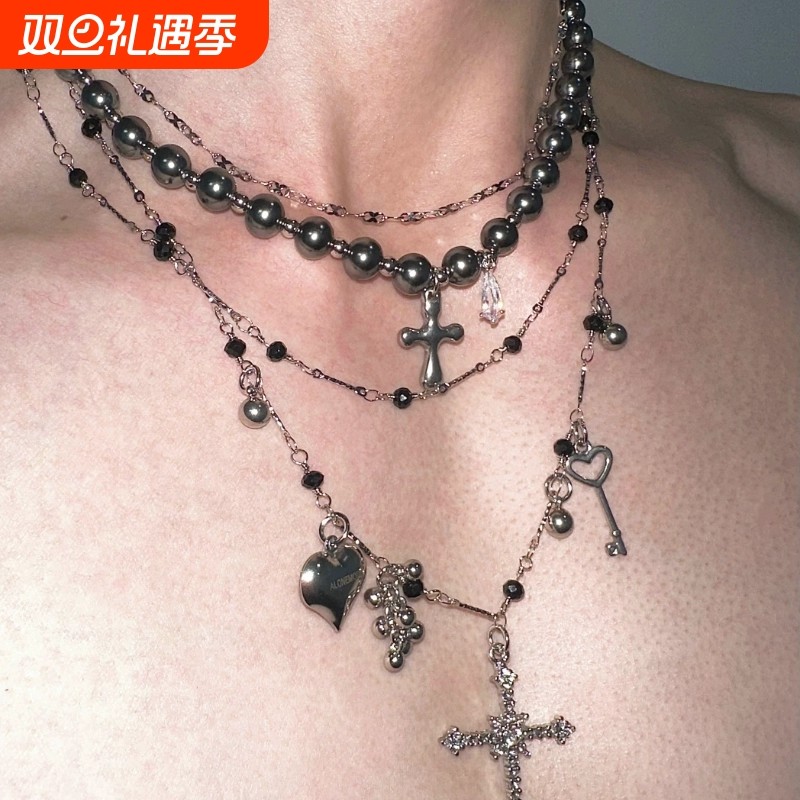 时尚潮流新款设计感银色珍珠恶魔果实十字钛钢多层百搭项链