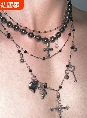 时尚潮流新款设计感银色珍珠恶魔果实十字钛钢多层百搭项链